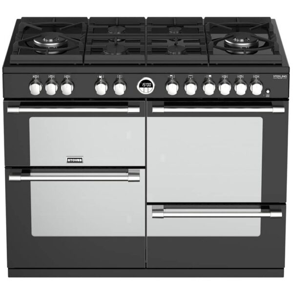Stoves STERLING DX S1100DFGTGBK-EX DISPLAY 44953 110cm Gas On Glass Dual Fuel Range Cooker – BLACK