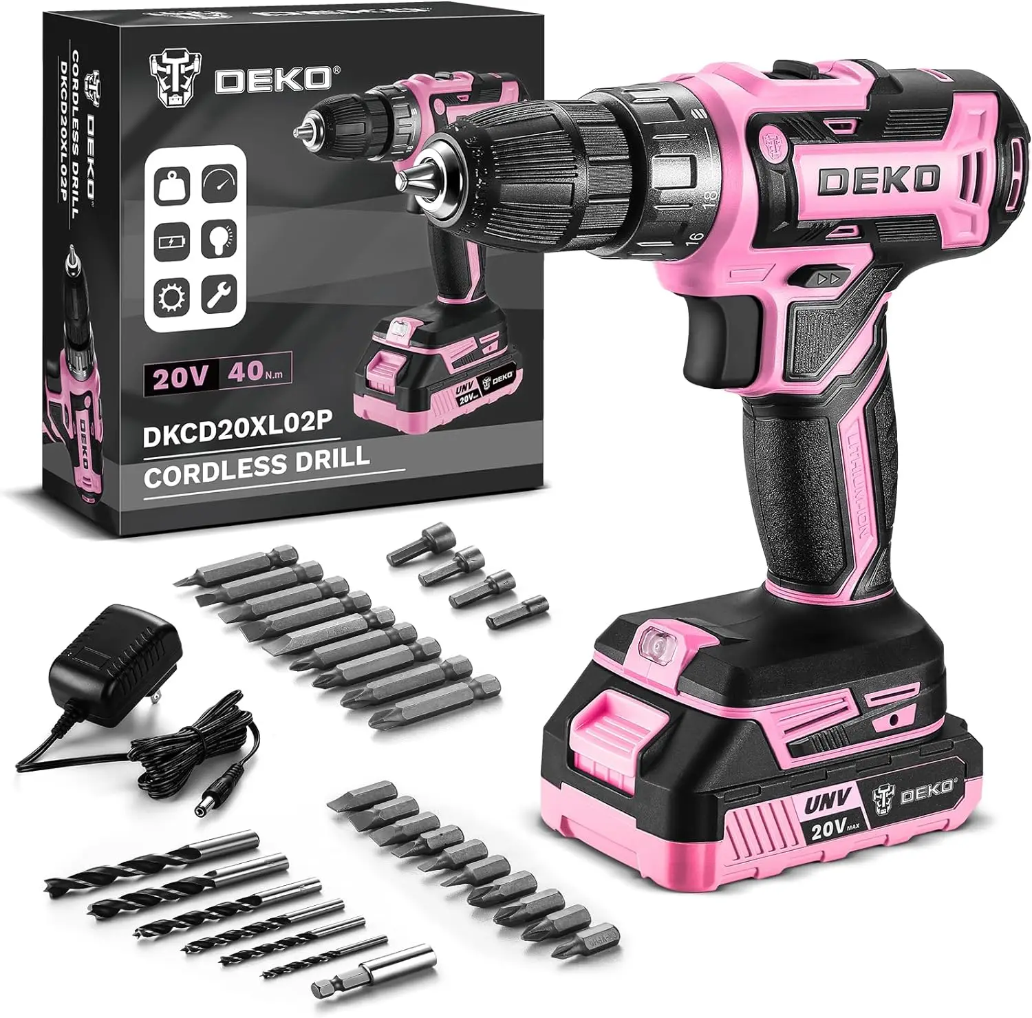kf-S169f7d24b9404178a9c7aa5f1fbd4074C DEKO 20V Pink Cordless Power Drill Set for Women - Image 1