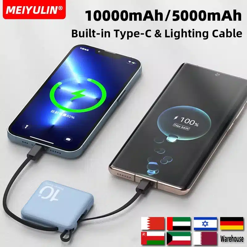 kf-Sdb51ba9c9d764a649f854015007fffb7X 10000mAh Mini Power Bank Built-in Type C Cable 5000mAh Portable Fast Charging Mobile External Battery for iPhone Xiaomi Samsung - Image 1