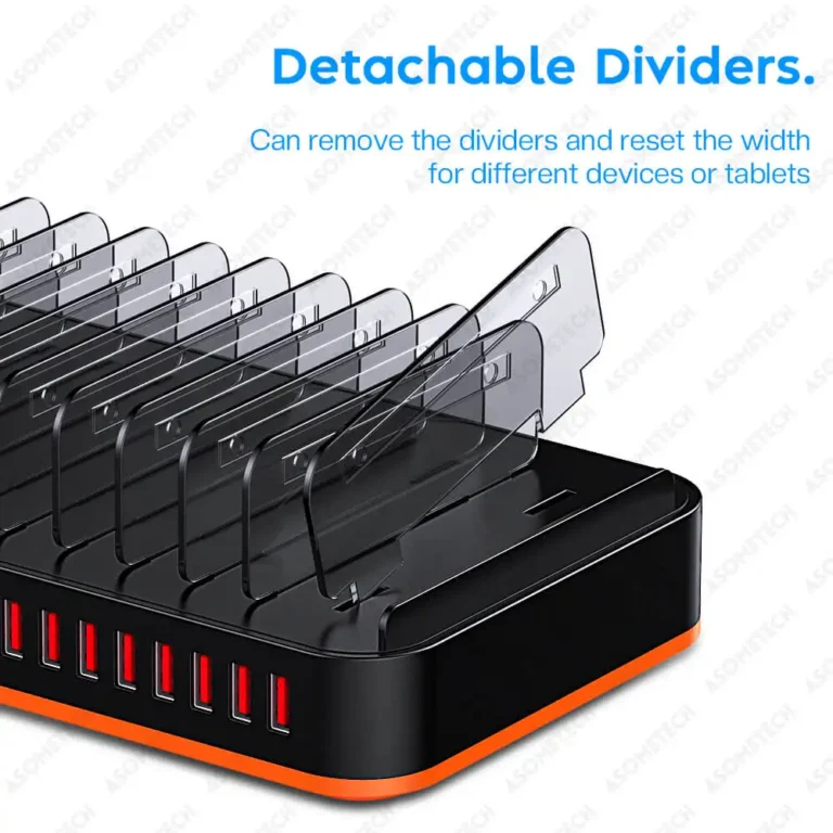 Top view of 15-port USB fast charger with device slots