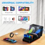 Charging station with multiple smartphones and tablets plugged in