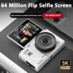 Back view of 64MP camera with LCD flip-up screen open