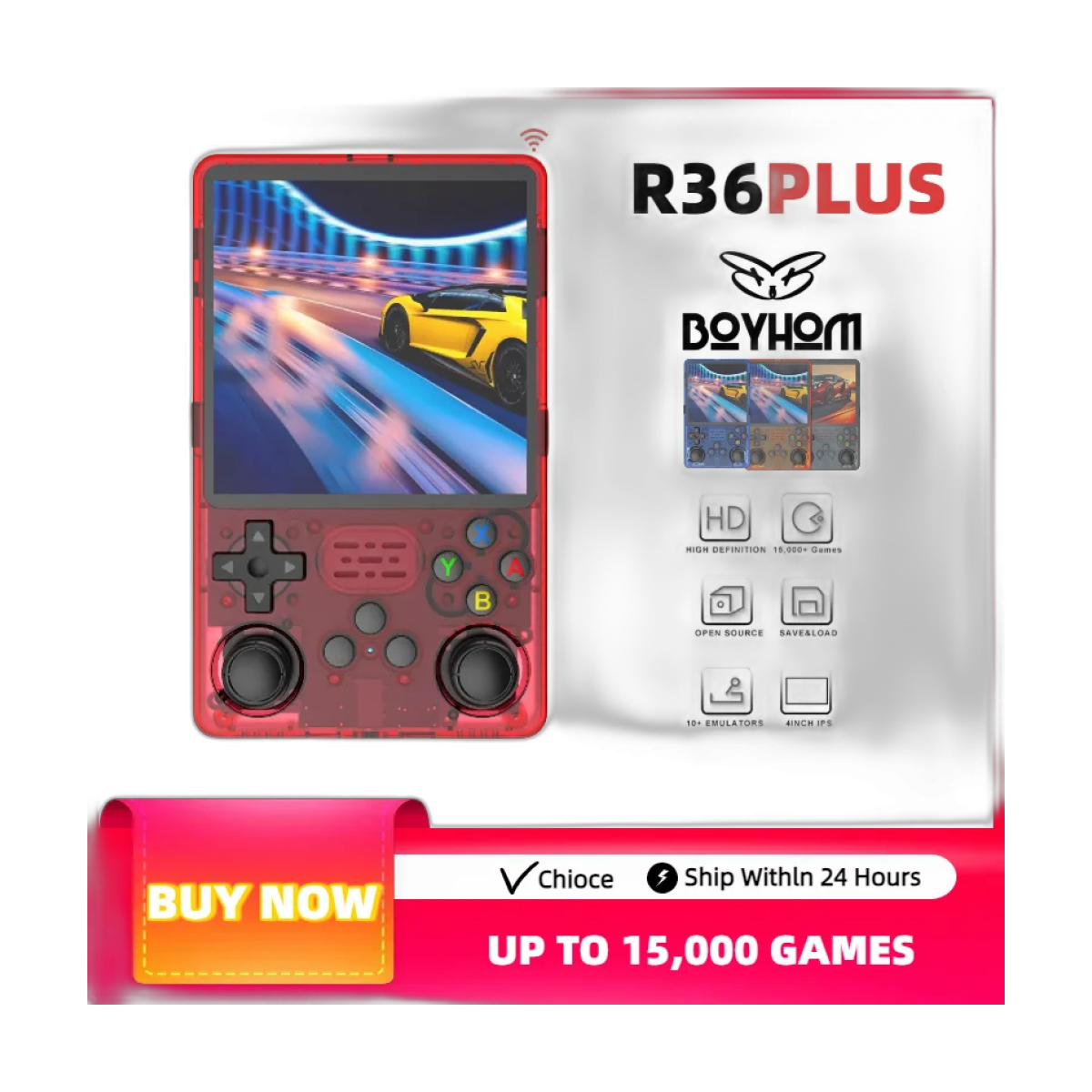 2025 NEW 4″IPS Big Screen R36S Plus Retro Handheld Game Console Linux 64-bit System RK3326 Portable Pocket ARKOS 2.0 R36SPLUS-bg-clean 2025 R36S Plus handheld console front view with 4 inch IPS screen