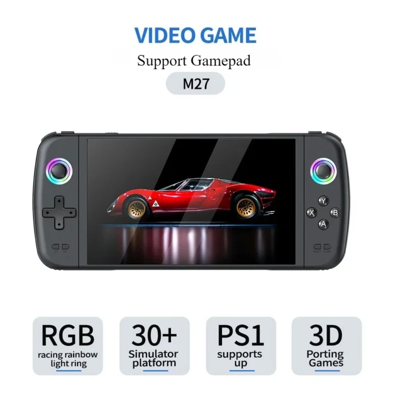 M27 handheld console showing RGB lighting joysticks