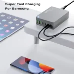 Fast charging station with display screen and ports