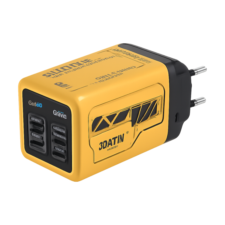 240W 6-port USB-C fast charger in white, green, and yellow with EU, US, and UK plugs