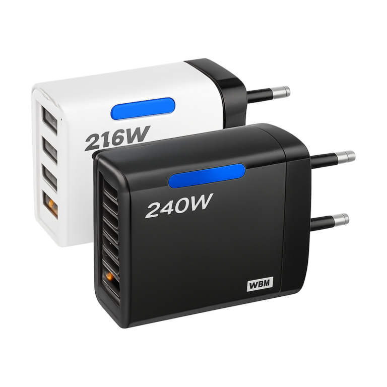 240W GaN 5-port USB C fast charger with EU and US plug options in multiple colors