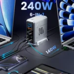 Close-up of USB-C ports on ASOMETECH 240W GaN 6-port charger