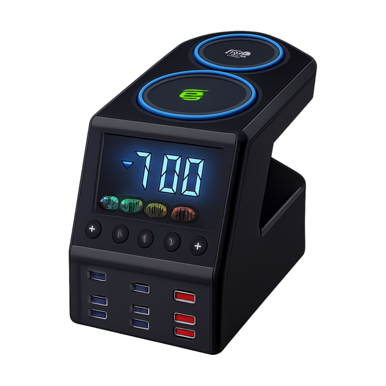 ASOMETECH 240W GaN charger station with wireless charging and LED time display