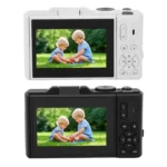 Close-up of mirrorless camera lens with 18x digital zoom