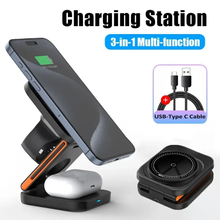 Side view of foldable magnetic wireless charging station for iPhone and Apple Watch