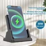 White 30W wireless charging stand with phone holder