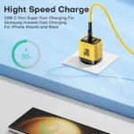 Close-up of USB-C and USB-A ports on ASOMETECH 35W GaN charger