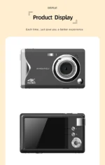 Digital camera with aluminum body displayed with accessories
