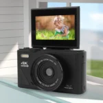 Front view of 75MP 5K digital mirrorless camera with 3-inch screen