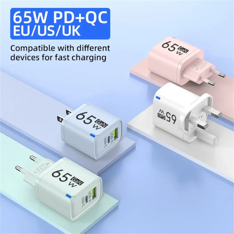 Side view of 65W fast charging wall adapter with dual ports