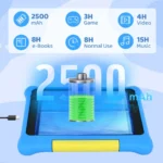 Side view of kids tablet with built-in kickstand and headphones