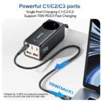 ASOMETECH 75W GaN power strip showing multiple plugged devices