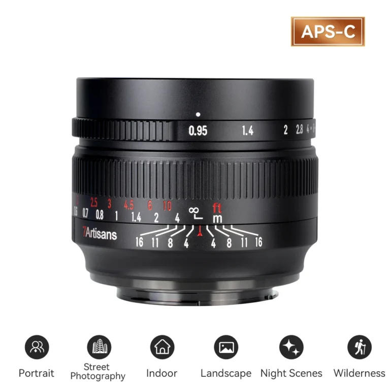 Side angle of 7artisans 50mm f0.95 APS-C lens showing aperture ring