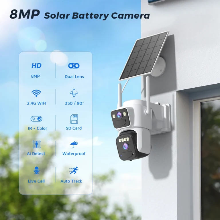 Outdoor 8MP PTZ camera with built-in 7800mAh battery and solar panel