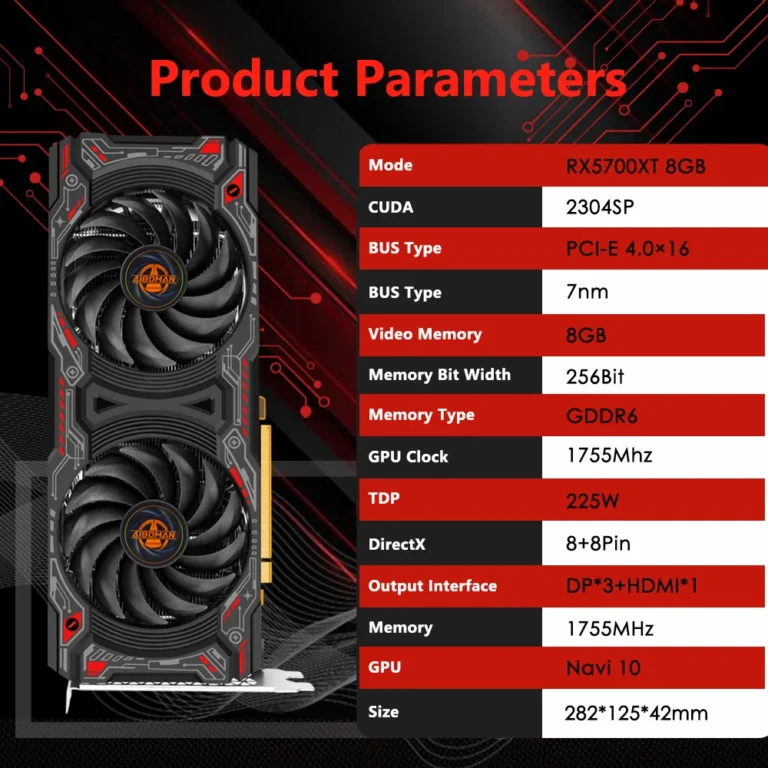 Side angle of AIBOMAN RX5700XT RED DEMON graphics card showing dual fans