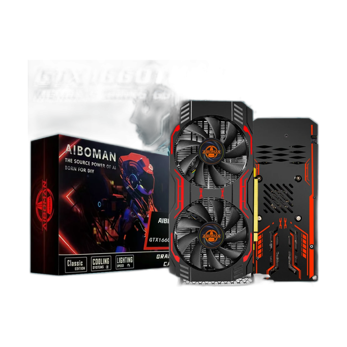 AIBOMAN Video Card GTX1660Ti 6GB GDDR6 192Bit 1530MHz GPU PCI-E 3.0 HDMI DP DVI Output Gaming Graphics Cards-bg-clean AIBOMAN GTX1660Ti 6GB GDDR6 graphics card front view