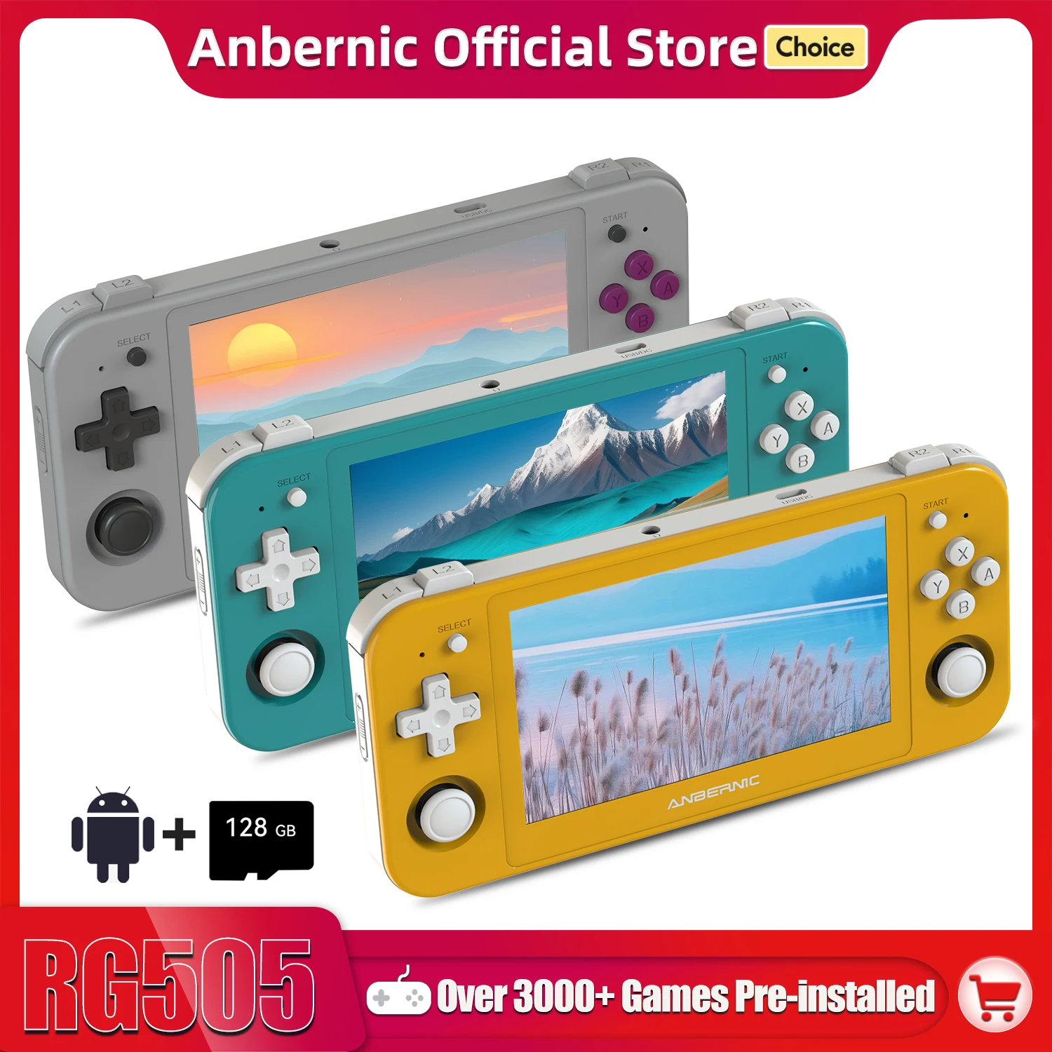ANBERNIC RG505 Handheld Game Console Android 12 Unisoc Tiger T618 Built-in 128G Pre-Loaded 3172 Games 4.95 Inch OLED Screen ANBERNIC RG505 handheld game console with 4.95 inch OLED touchscreen in gray