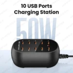 Close-up view of ASOMETECH 10 port USB charging station ports