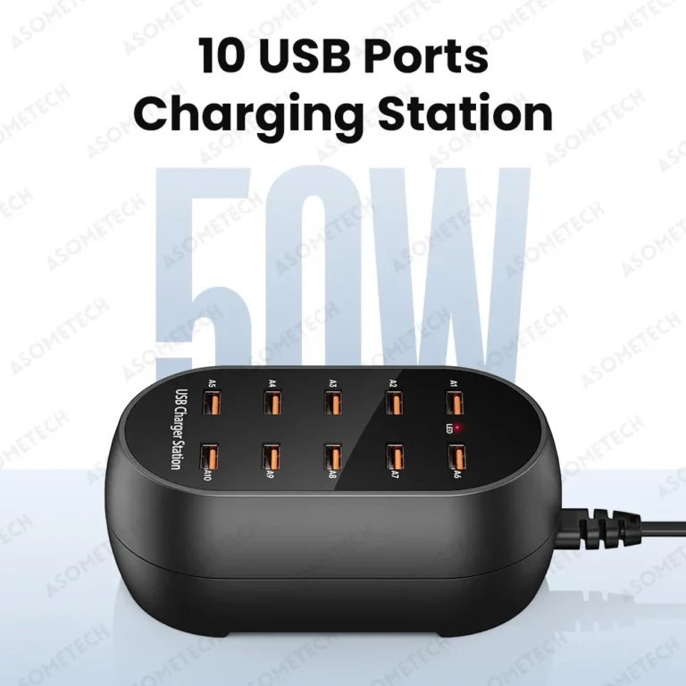 Close-up view of ASOMETECH 10 port USB charging station ports
