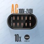 ASOMETECH USB charger showing power cable and plug types