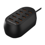 ASOMETECH 10 port USB charger with multiple plugs on desktop