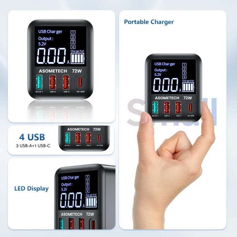 ASOMETECH USB charger showing LED charging status screen