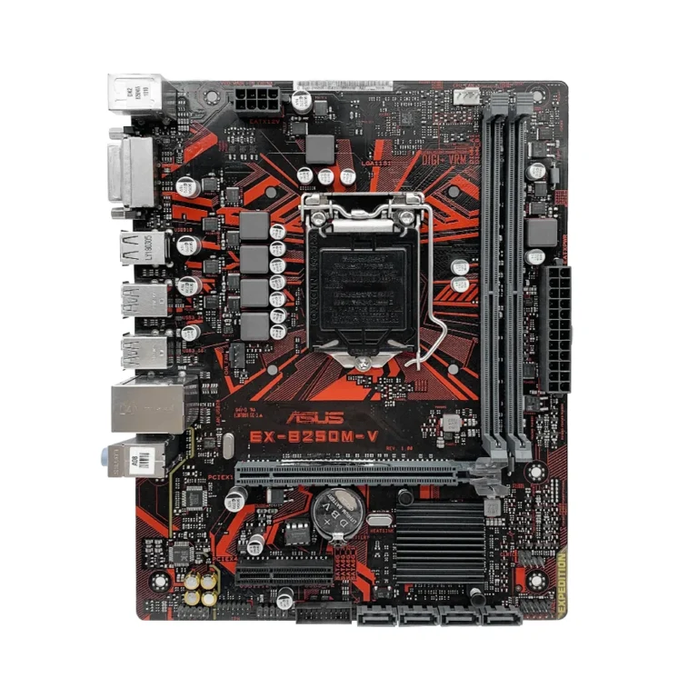 Close-up of ASUS EX-B250M-V motherboard DDR4 memory slots and CPU socket