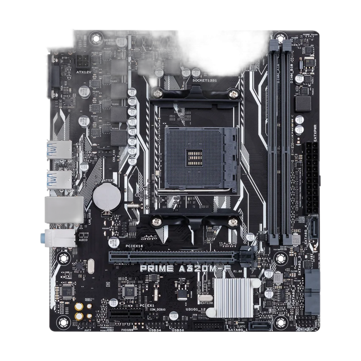 ASUS PRIME A320M-F Motherboard AM4 AMD A320 Chipset DDR4 32GB Micro ATX Used-bg-clean ASUS PRIME A320M-F motherboard front view showing AM4 socket and DDR4 slots
