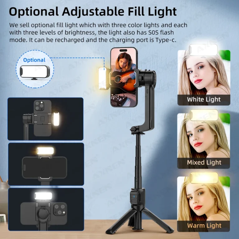 Close-up of AXNEN HQ2 gimbal showing remote control and telescopic rod