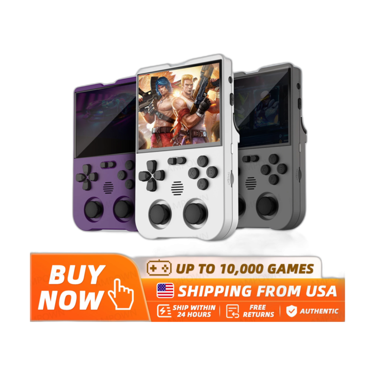 Front view of Ampown XU10 handheld retro game console with screen on