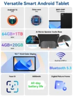 Front view of Android 15 tablet showing HD IPS screen