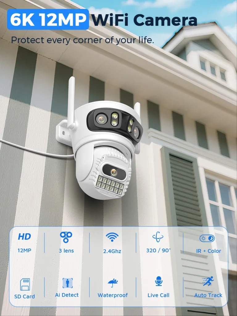 Side view of BESDER 12MP PTZ Wifi security camera mounted on wall