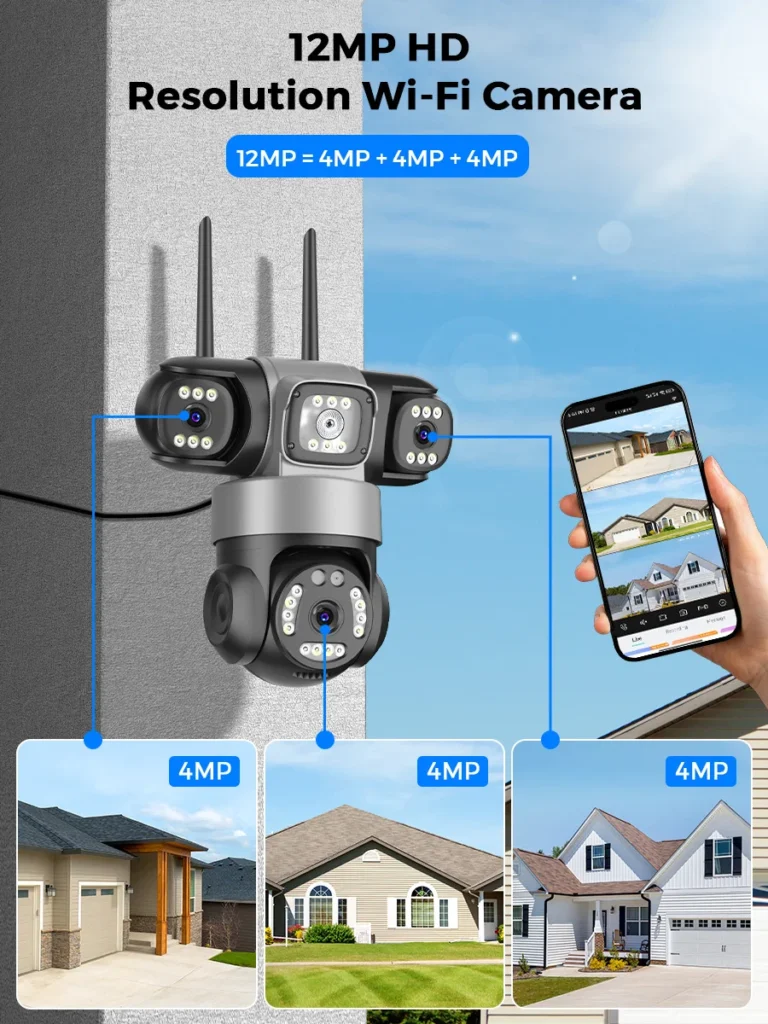 Close-up of BESDER 15MP triple lens WiFi CCTV camera