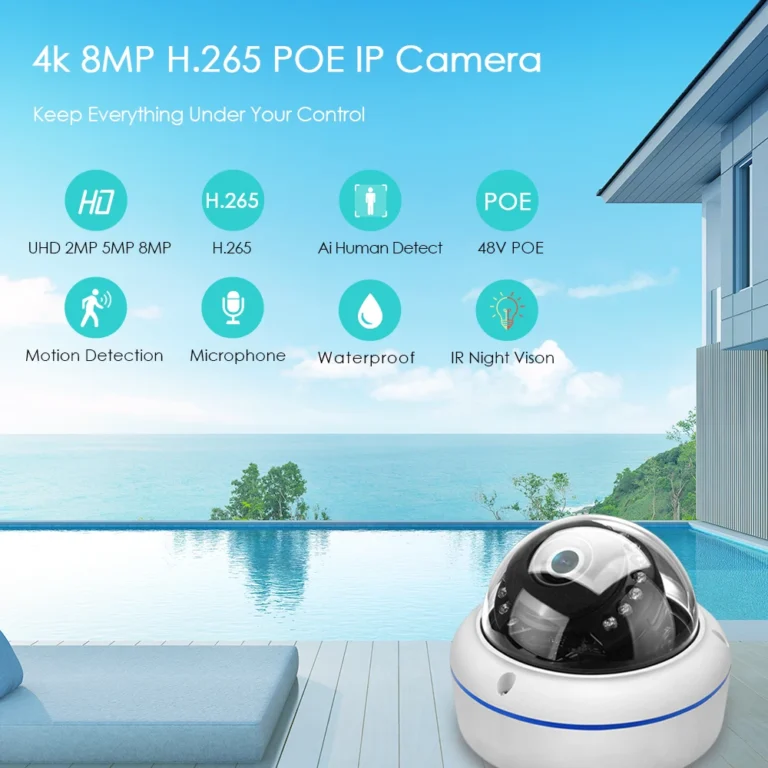 Side angle of BESDER 8MP dome IP camera with IR LEDs