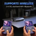 BOYHOM R36XX handheld gaming console angled view highlighting ergonomic design