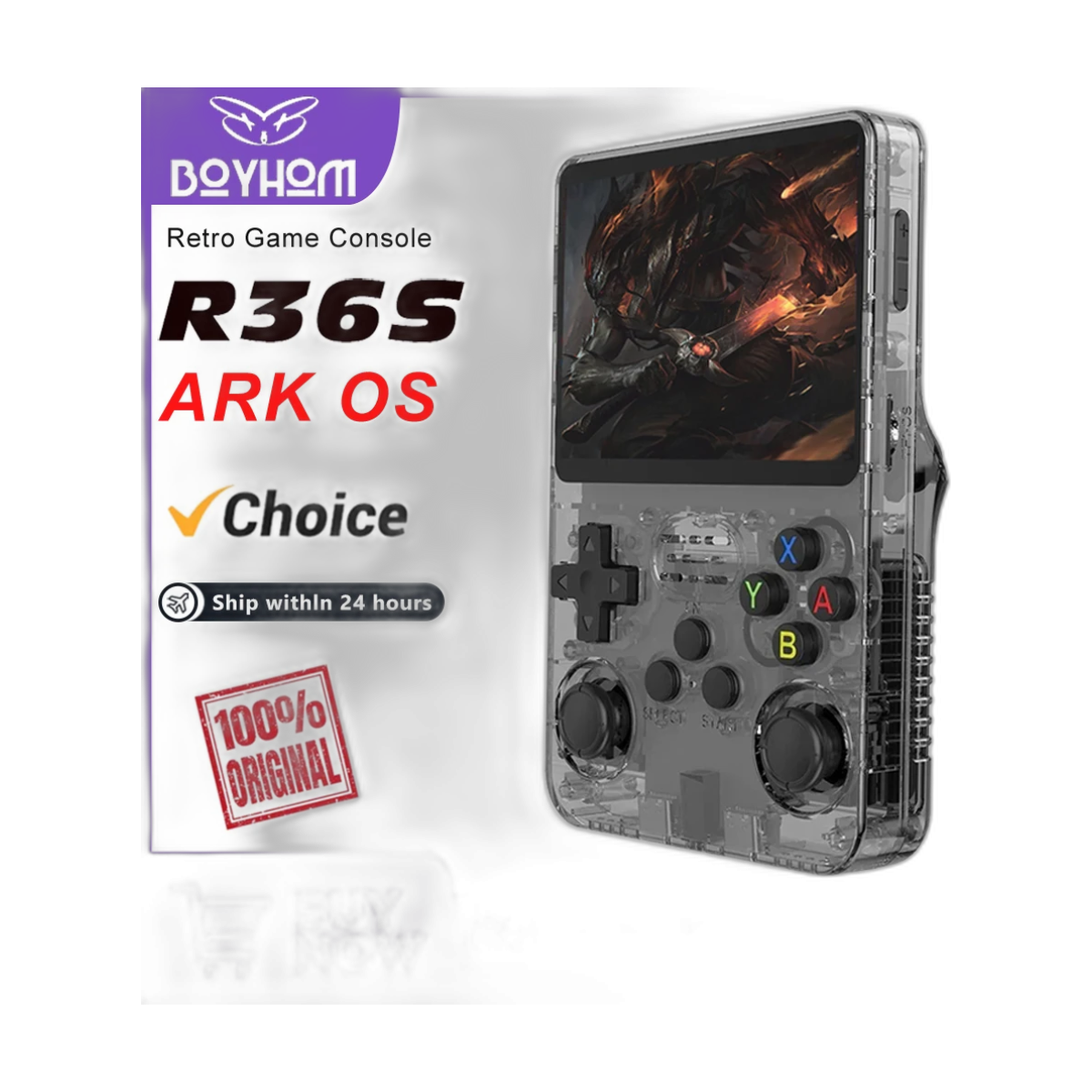 BOYHOM 256G 128G R36S Retro Handheld Game Console Linux System 3.5 Inch IPS Portable Pocket Player 64GB Video Gaming Kids Gifts-bg-clean BOYHOM R36S retro handheld game console front view with screen on