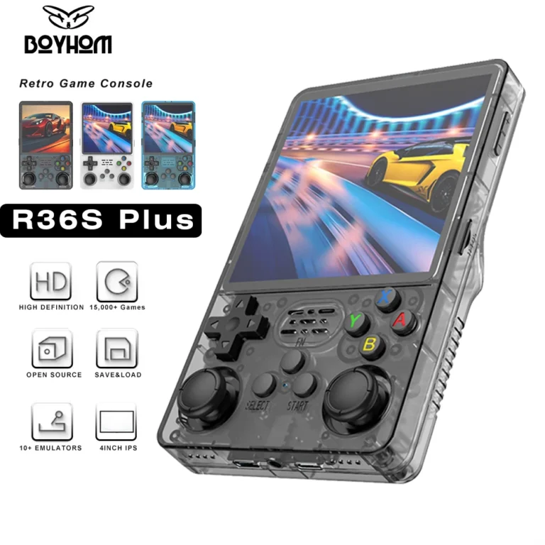 BOYHOM R36PLUS retro gaming console side angle showing buttons
