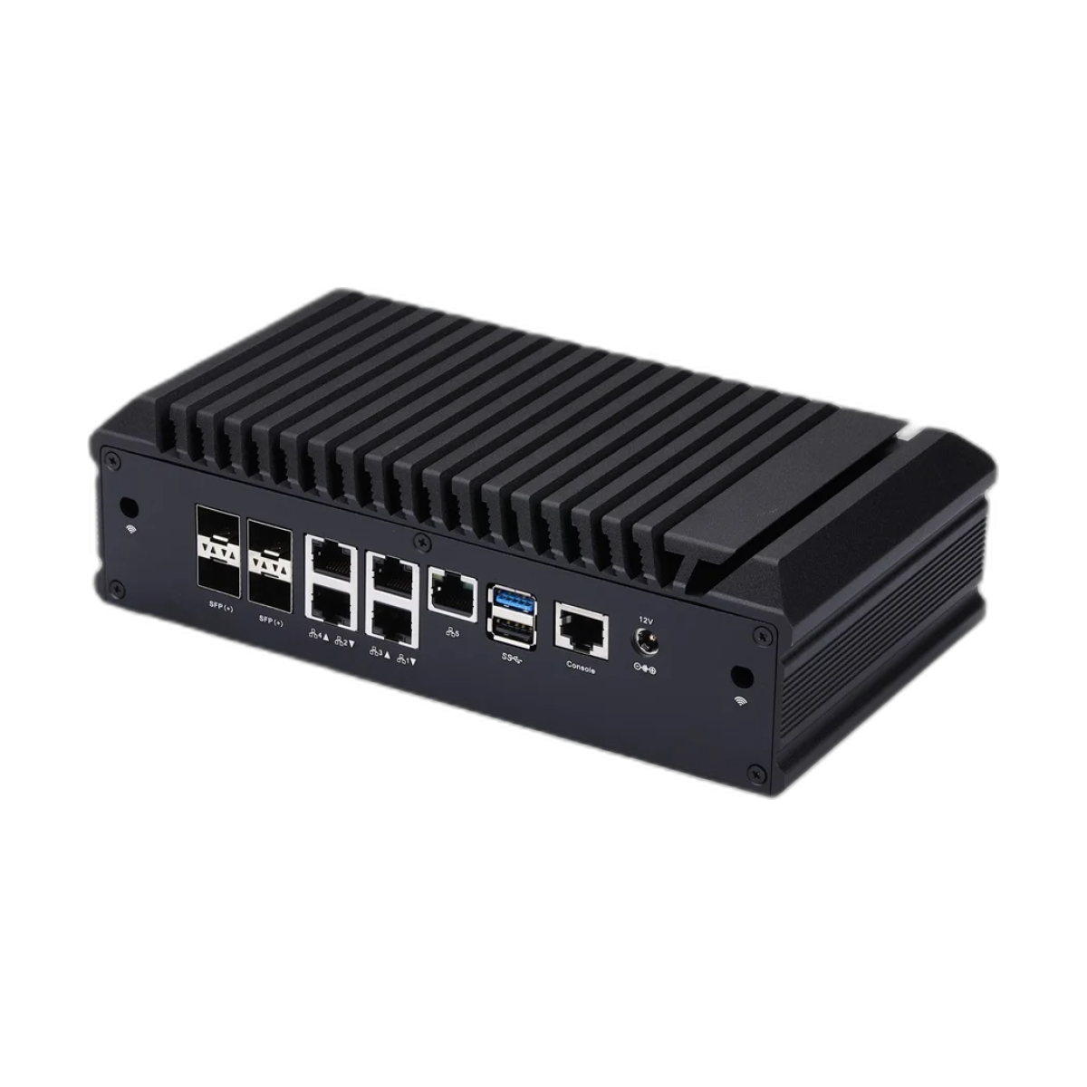 Barebone Mini PC Q20300G9 Atom C3000 CPU, 4x 10G SFP+/ 5x 2.5G LAN, 2x DDR4 RAM, 2x NVMe – PfSense/OPNsense Firewall Appliance-bg-clean Q20300G9 Mini PC front view showing ports and buttons