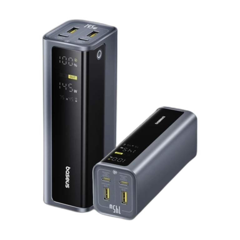 Baseus EnerGeek 145W 20800mAh power bank front view with digital display