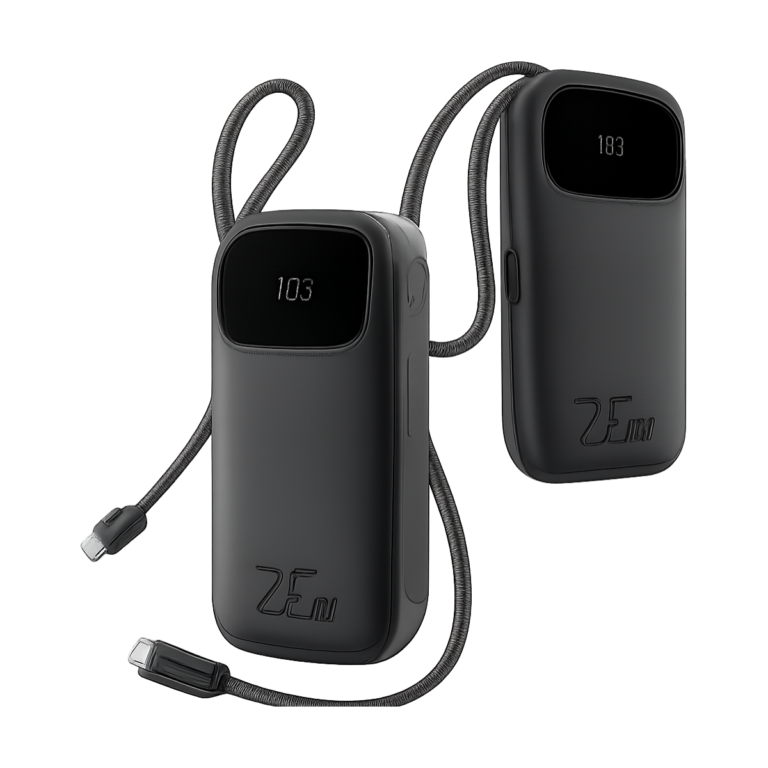 Baseus 22.5W power bank with built-in Lightning and USB-C cables front view