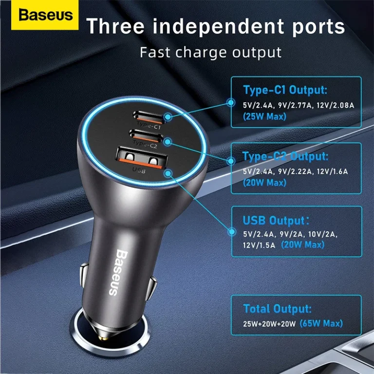Top view of Baseus 65W fast charging car charger showing ports