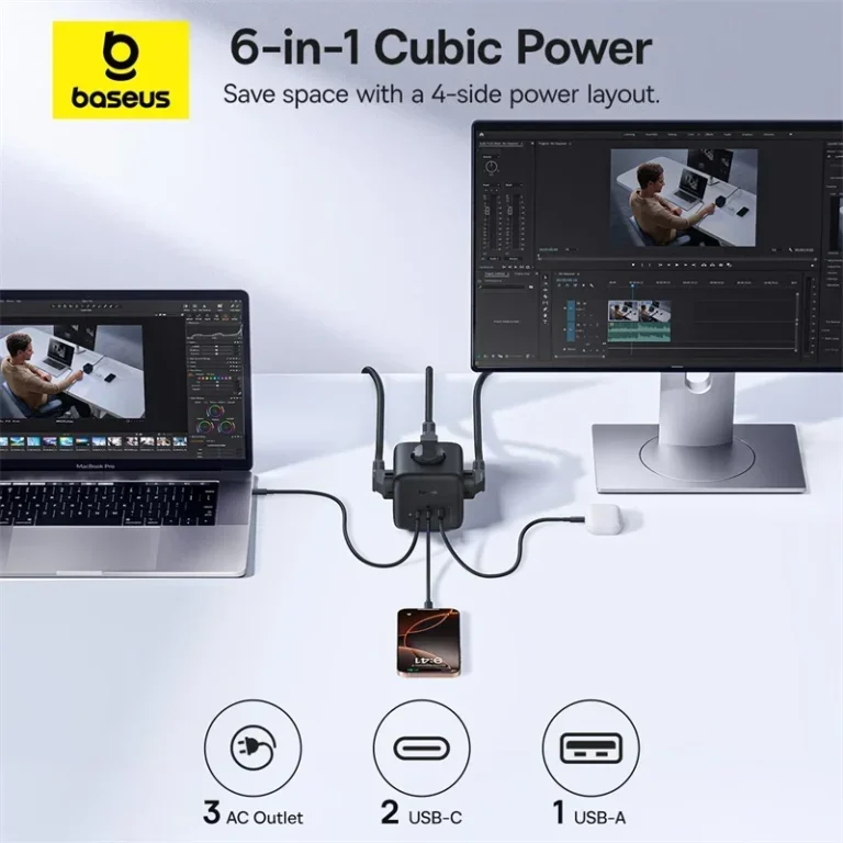 Side view of Baseus 67W GaN desktop power station showing USB-C and AC outlets