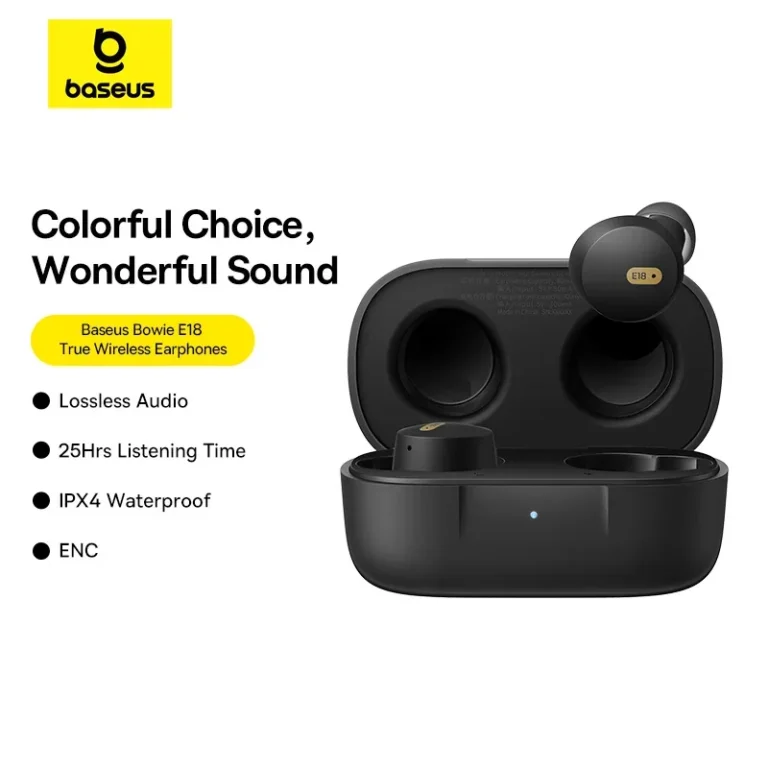 Baseus Bowie E18 wireless earbuds side view showing sleek design