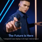 Baseus Bowie E5x earbuds with RGB lighting illuminated